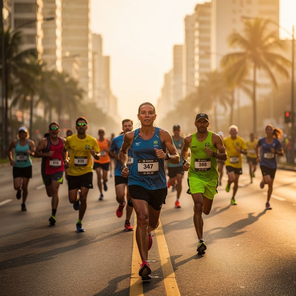 Corredores em uma corrida de rua ao amanhecer em Araguaína, Tocantins