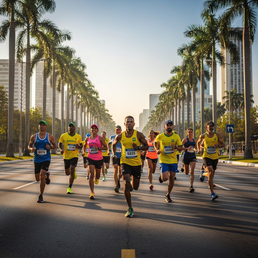 Grupo de corredores em avenida larga da cidade de Palmas, Tocantins