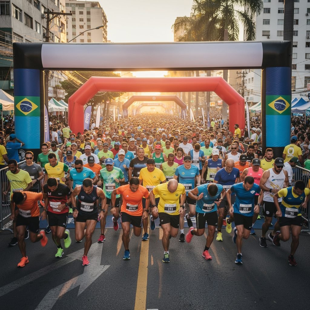 Linha de largada de uma corrida de rua com atletas prontos para iniciar a prova