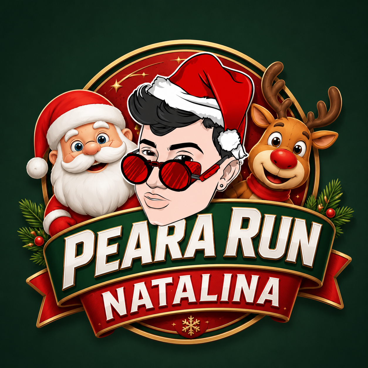 Selo oficial da Peara Run Edição Natalina com Papai Noel, Iury Peara de óculos vermelhos e a rena Rodolfo