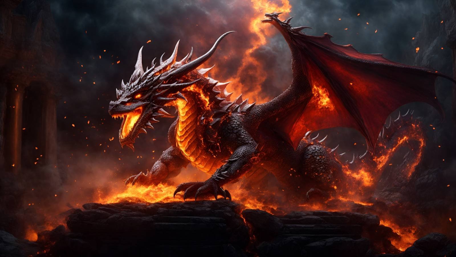 Dragão em chamas sobre ruínas