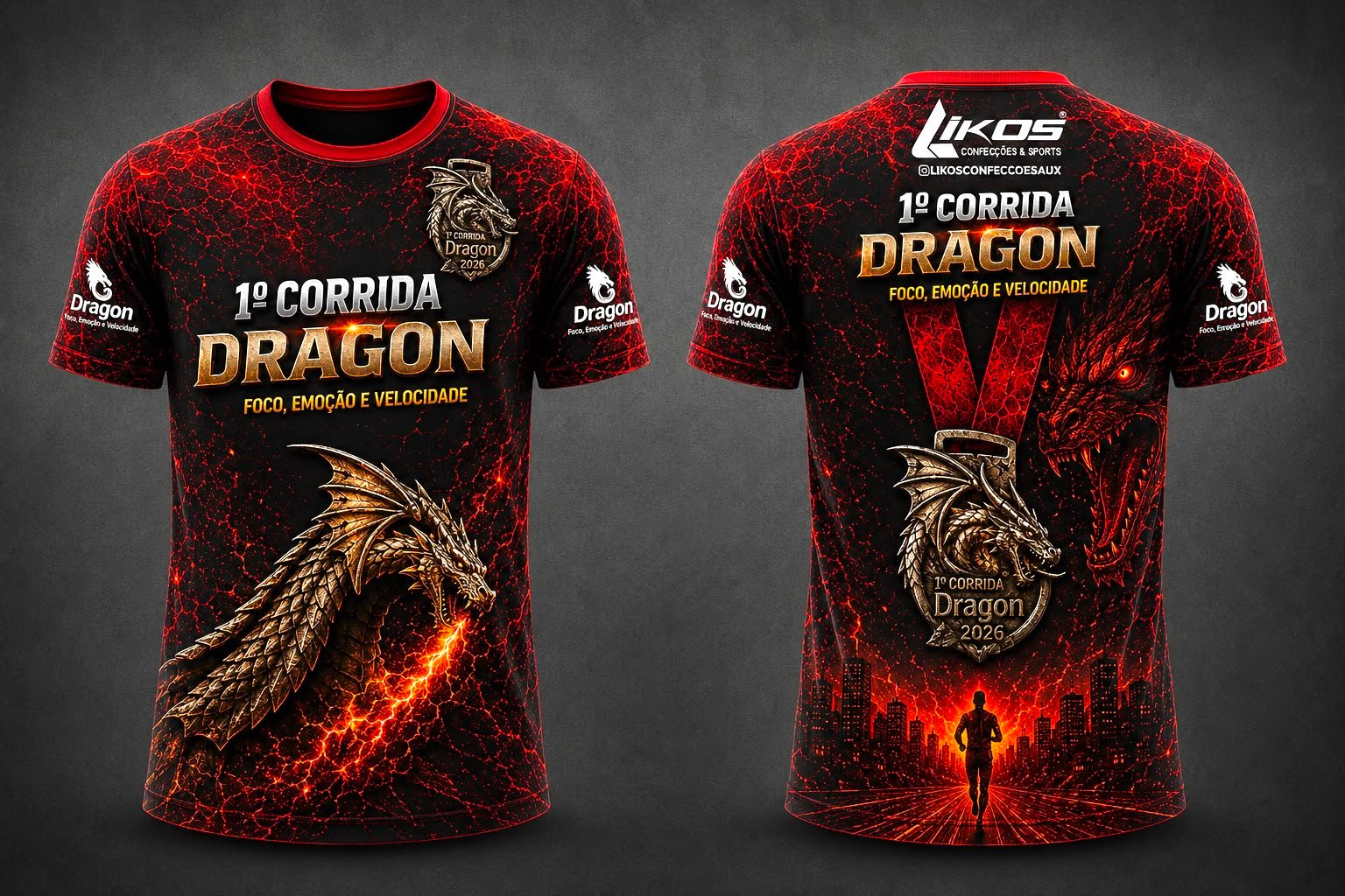 Nova camisa Premium da Corrida Dragon, vista de frente e de costas