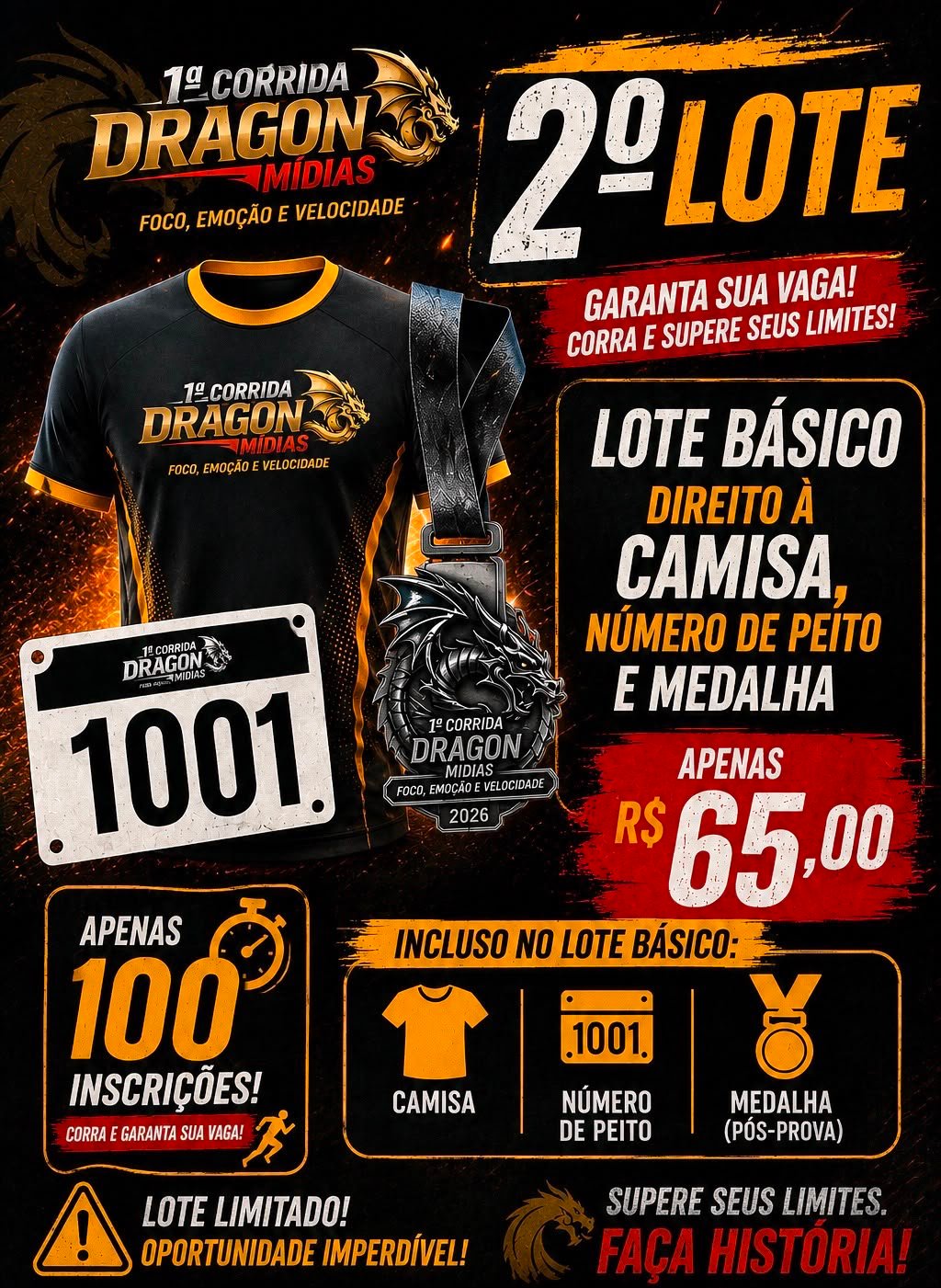 Kit Básico do segundo lote com camisa, número de peito e medalha pós-prova
