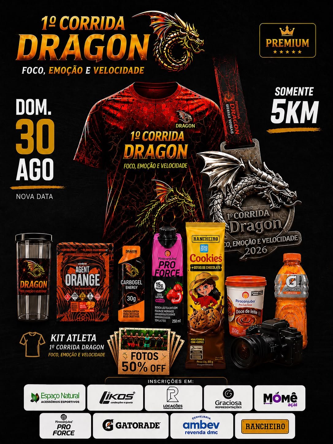 Kit Atleta Premium atualizado com nova camiseta, medalha, coqueteleira, suplementos, snacks, isotônico e desconto em fotos